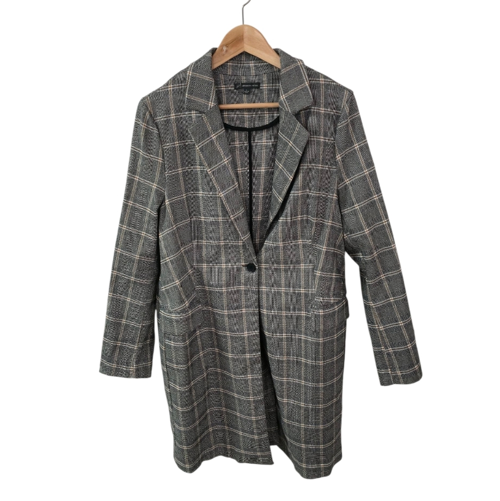 Adrianna Papell Long Topper Coat Jacquard Gray Black Brown Plaid Size Large